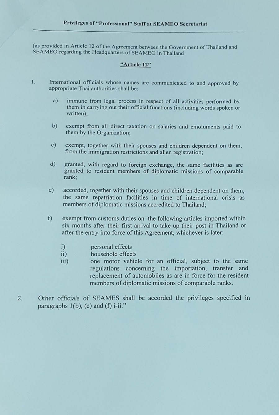 Article 12 Previleges of Professional Staff SEAMES