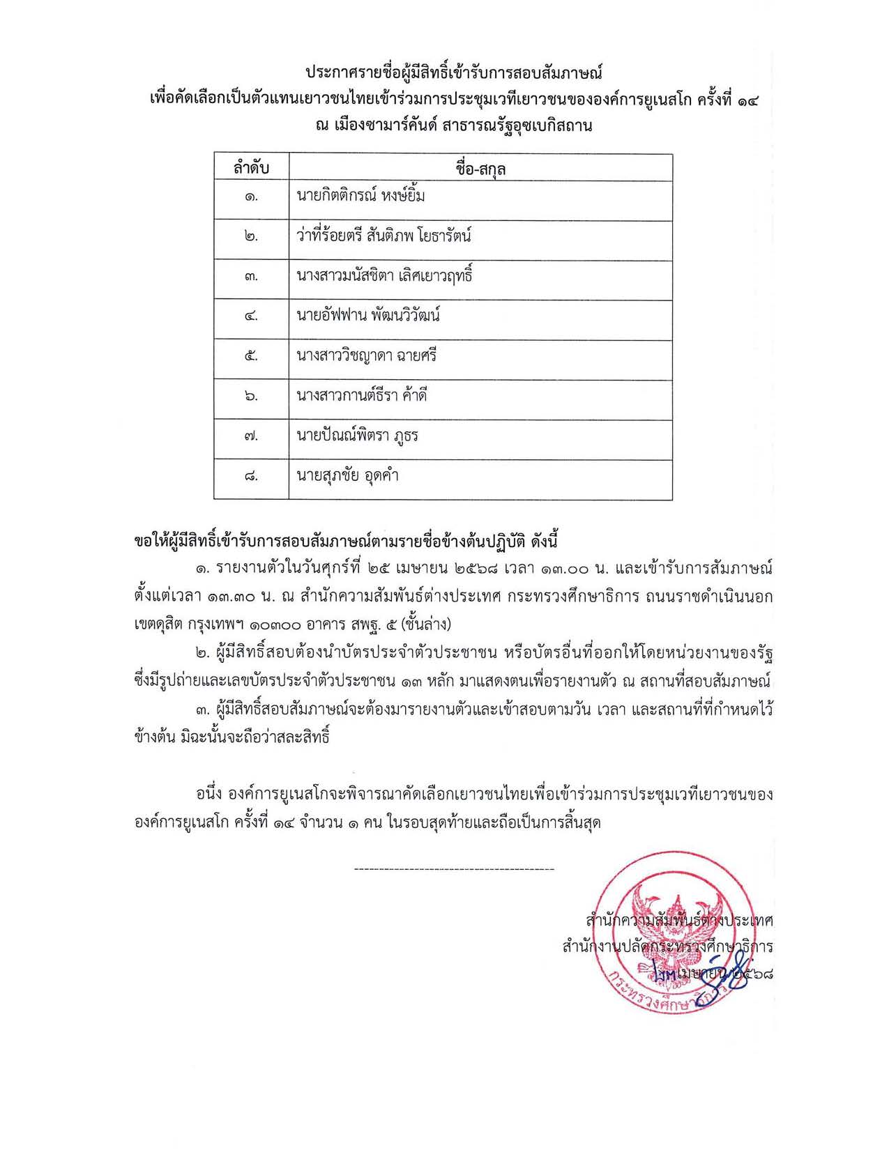 ประกาศรายชื่อผู้มีสิทธิ์เข้ารับการสัมภาษณ์ ยูเนสโก